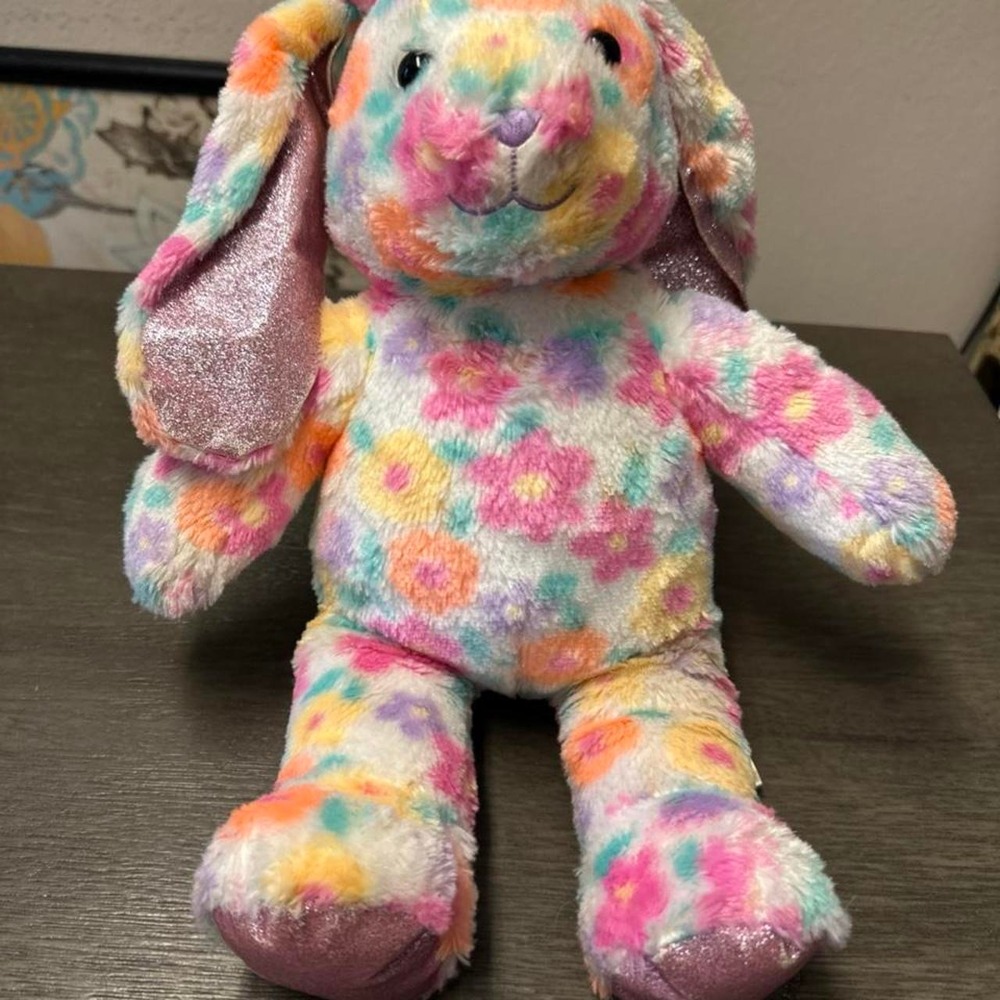 Build-A-Bear Workshop "Floral Pawlette" bunny rabbit glittery pink fabric Easter
